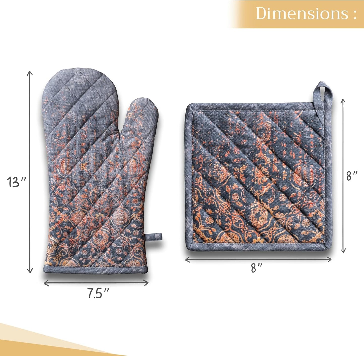 Maison d' Hermine 100% Cotton Oven Mitt & Pot Holder Set (7.5"x13" & 8"x8") Heat Resistant BBQ Cooking Gloves with Loop for Thanksgiving Christmas Decorations Handling Hot Pans (Imperfection)