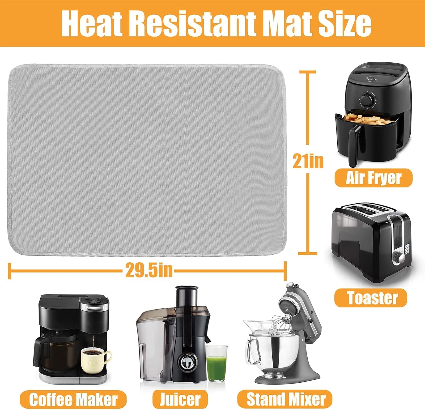 Heat Resistant Mat for Air Fryer, 21 x 29.5in Countertop Protector, Fireproof Silicone Appliance Slider for Coffee Maker, Toaster, Oven (Grey)