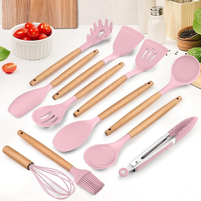 E-far Kitchen Utensils Set of 12, Silicone Cooking Utensils with Holder, Non-stick Cookware Friendly & Heat Resistant, Includes Spatula Tong Whisk Ladle Brush Slotted Turner Spoon(Pink)