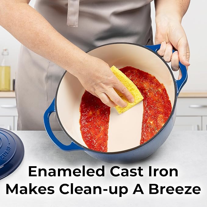 Zulay Kitchen 6 Quart Enameled Cast Iron Dutch Oven Pot with Lid – Premium Durability & Oven Safe up to 500°F – Heavy Duty Cookware Perfect for Bread Baking, Stews, Braising & Roasting – Blue