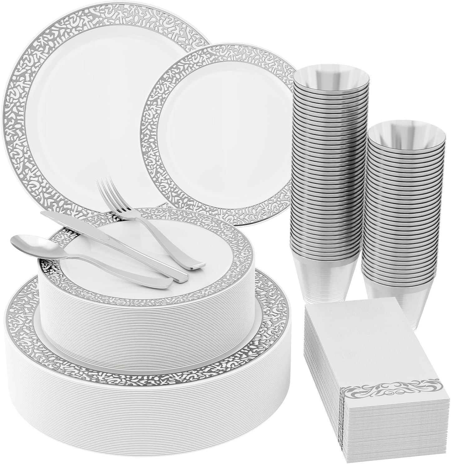 𝟐𝟏𝟎 Count Silver Plastic Dinnerware, Silver Disposable Plates, Includes 30 Dinner & 30 Dessert Plates & 30 Cups & 30 Paper Napkins & 30 Plastic Silverware Set