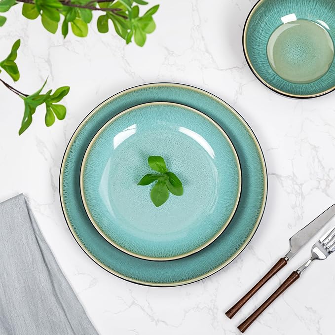 Plates and Bowls Sets for 6 - CJDC-QUELO 18-Piece Stoneware Dinnerware Sets, Ceramic Dishware Set for Indoor Kitchen Use and Formal Dining, Chip and Scratch Resistant Microwave Dishwasher Safe, Green