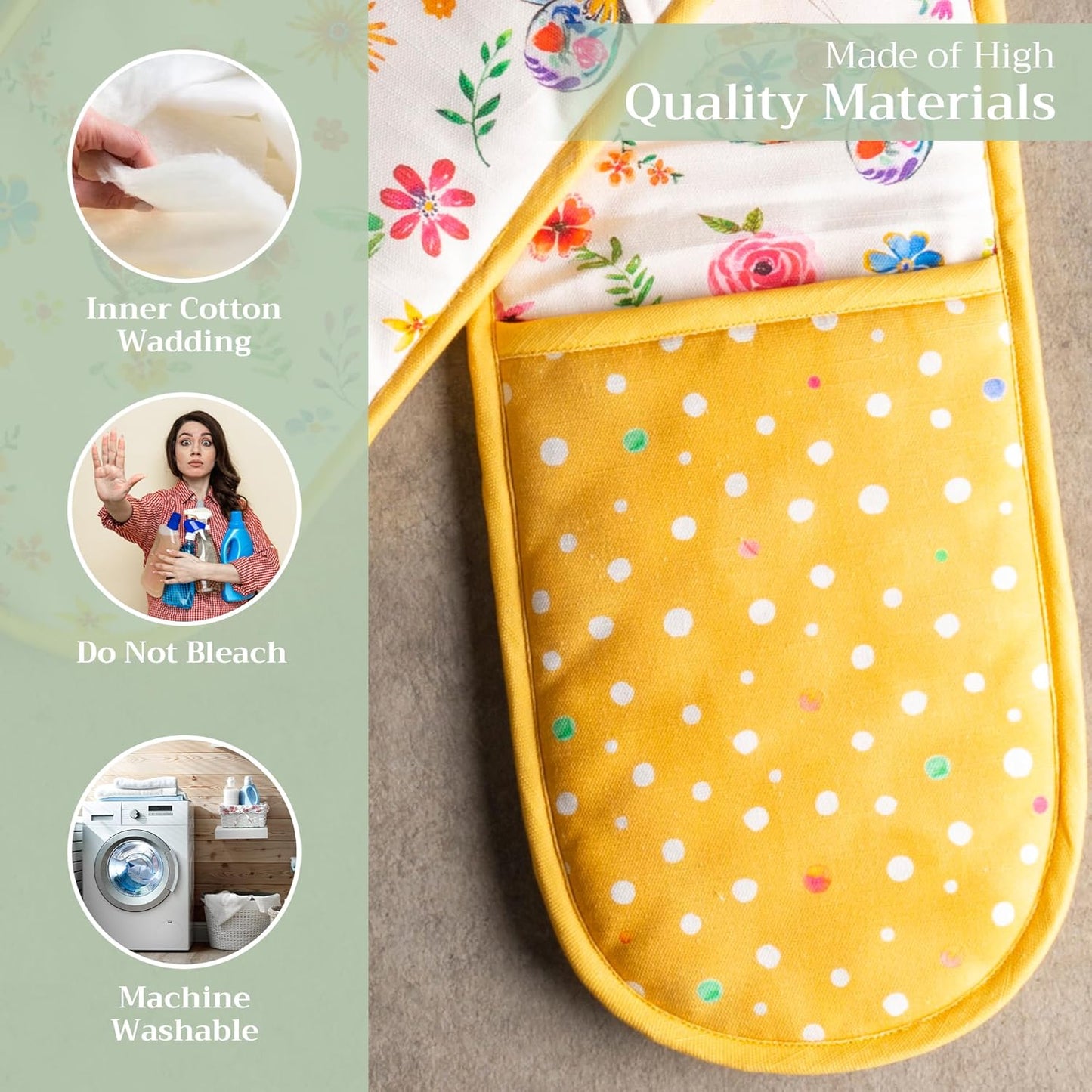 Maison d' Hermine Double Oven Mitts 100% Cotton 7"x35" Double Oven Mitt Heat Resistant BBQ Cooking Gloves with Loop, Baking, Grilling, Kitchen, Handling Hot Pans Spring Summer (Happy Florals - Sweety)