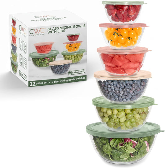 COOK WITH COLOR 12 Pc Glass Mixing Bowl Set with Lids – Borosilicate Glass Nesting Bowls for Cooking, Baking and Meal Prep, Multicolor