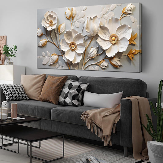 AOZEMI Floral Wall Decorations White Pictures Botanical Flower Canvas Gold Wall Art 29x59 Modern Big Artwork for Living Room Bedroom Office