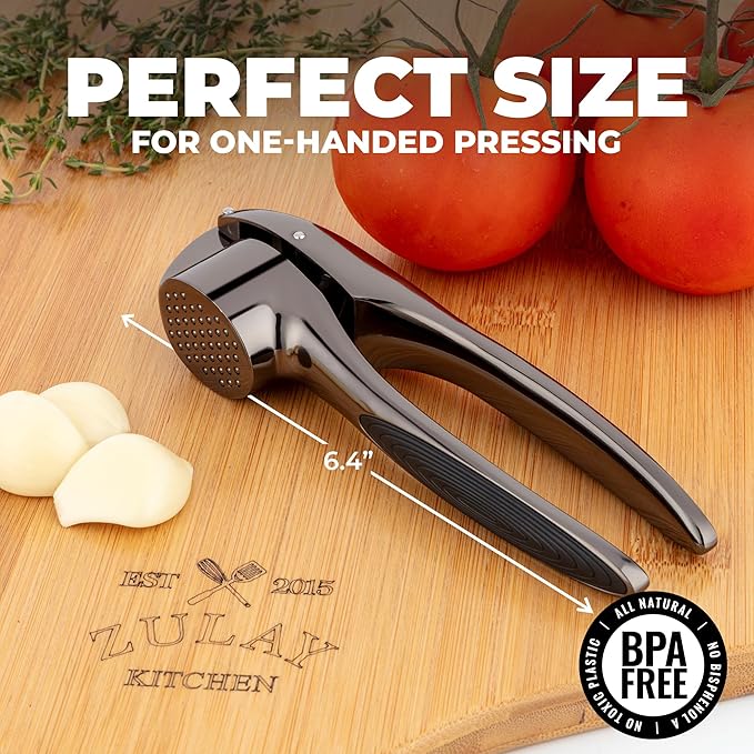 Zulay Kitchen Large Premium Garlic Press Set – Rust Proof & Dishwasher Safe, Bigger Bowl Garlic Mincer Tool with Silicone Garlic Peeler & Brush, Easy Squeeze & Clean, Ergonomic Handle - Dark Gray