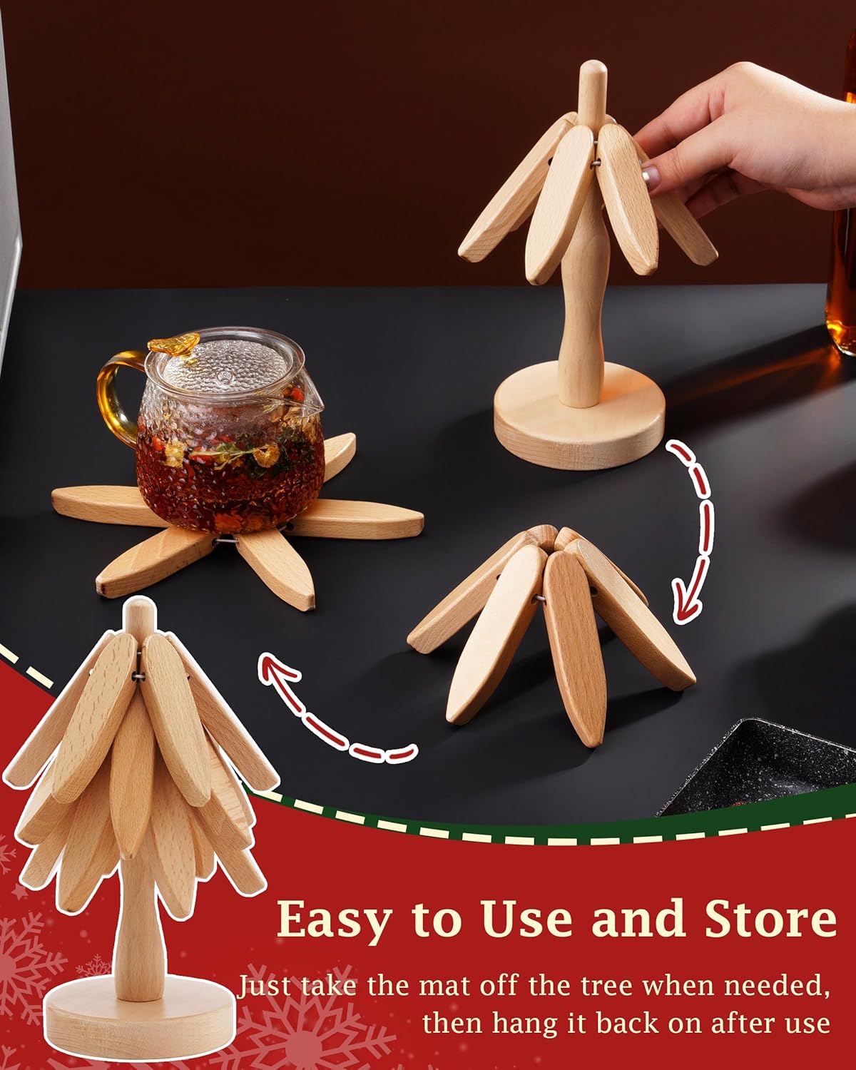 Wooden Trivets Tree for Hot Dishes, 2 Sets Natural Wood Coaster for Hot Pots and Pans, Christmas Tree-Shaped Stackling Trivets with Organizer, 8 Inch Decorative Wooden Hot Pads, 6PCS Light Wood