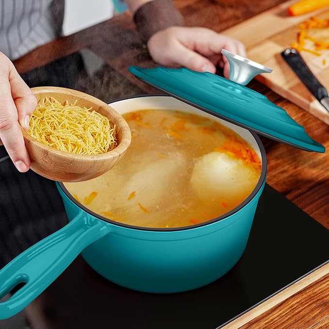 3 Quart Sauce Pan with Lid, Leonyo Enameled Cast Iron Sauce Pot, Large Cast Iron Pot Dutch Oven Kitchen Cookware for All Cooktops Cooking Pasta, Soup, Milk - Up to 500°F & 8bs, Lake Green