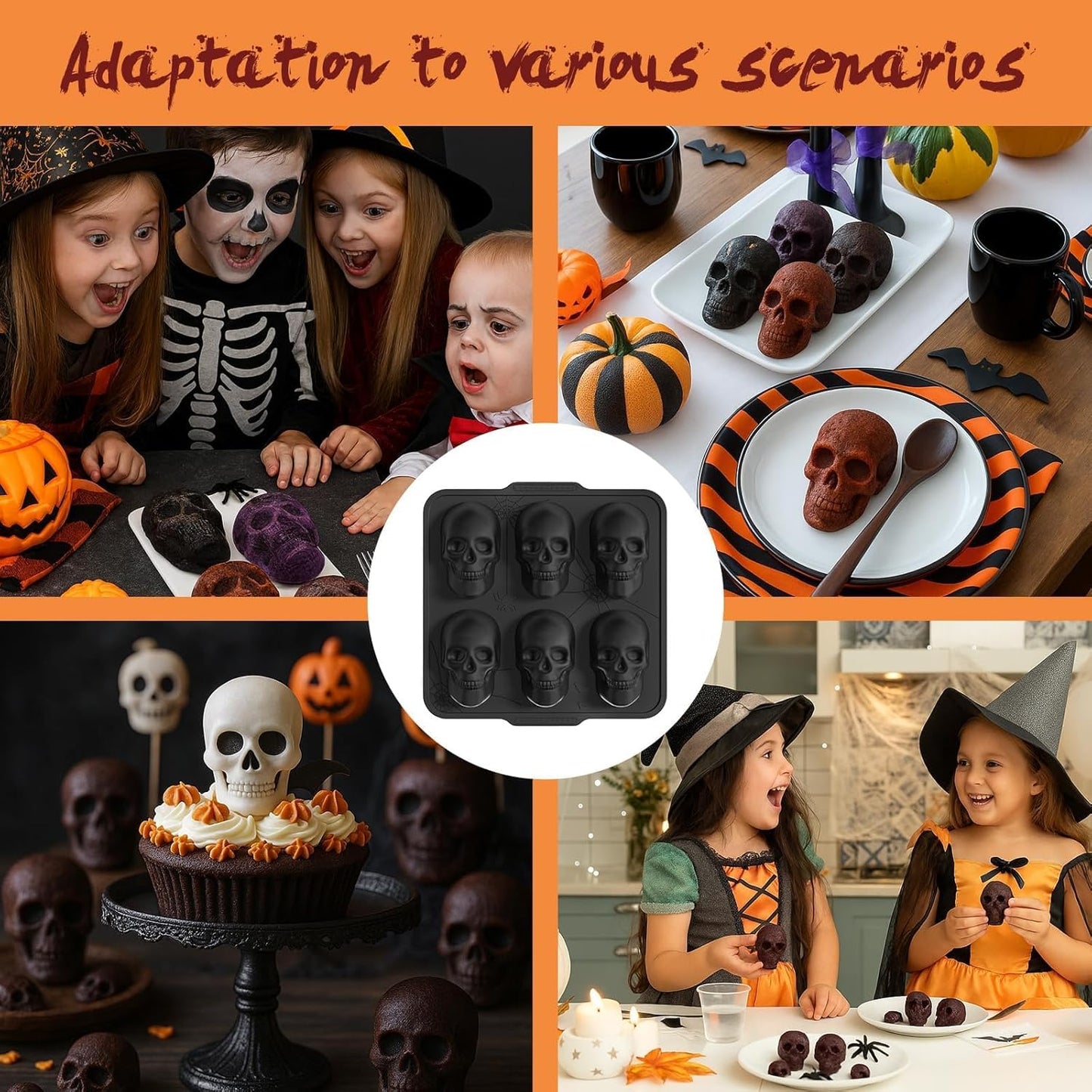 Skull Cake Pan with Metal Reinforced Frame - Spill-Proof & Sturdy 6-Cavity 3D Halloween Silicone Mold, Easy to Handle & Release for Cake, Chocolate, Jello