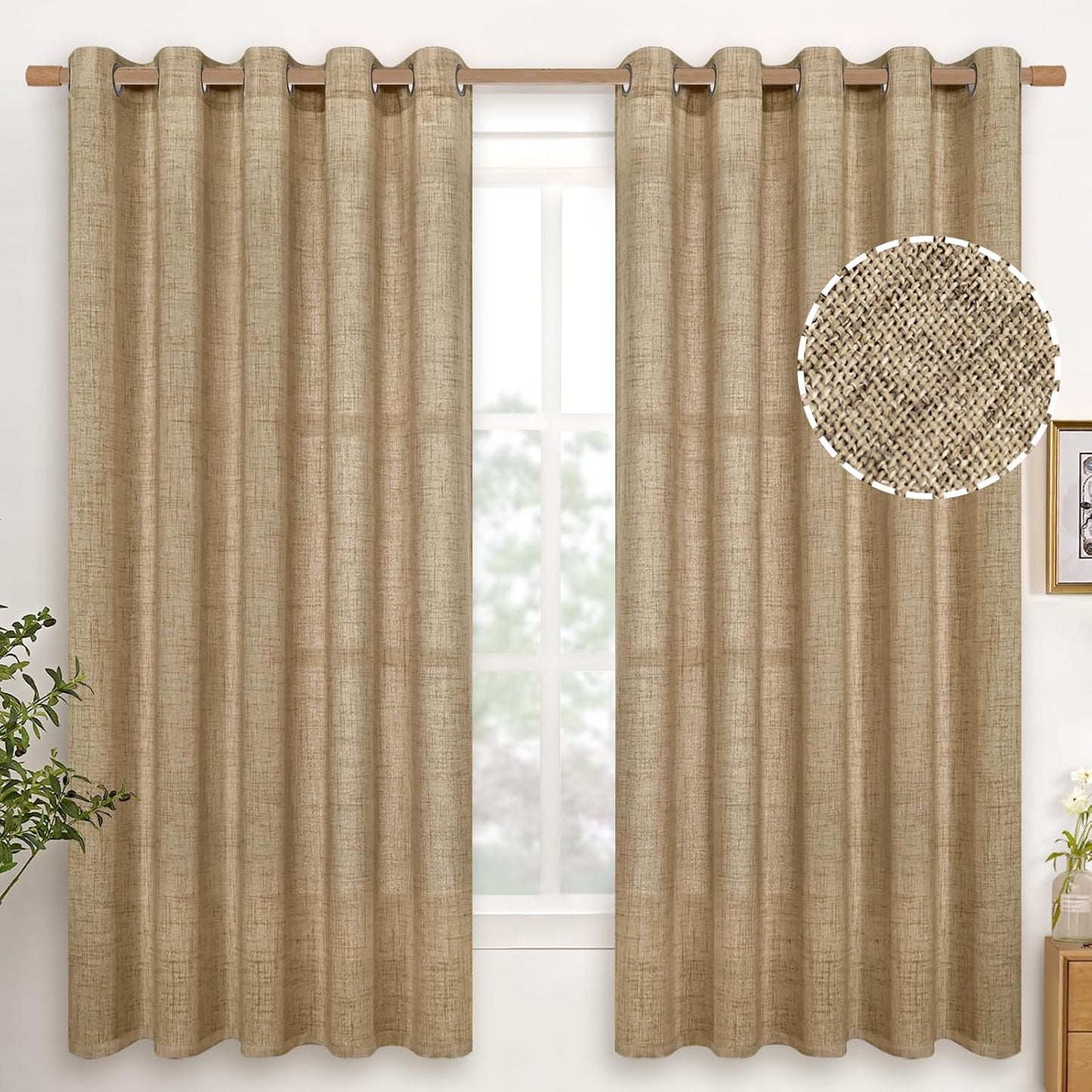 YoungsTex Burlap Linen Curtains 63 Inch Length, Bronze Grommet Light Filtering Privacy Drapes for Bedroom Farmhouse Office Living Room, Toffee, 2 Panels, 60 X 63 Inch