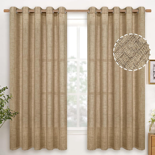 YoungsTex Burlap Linen Curtains 63 Inch Length, Bronze Grommet Light Filtering Privacy Drapes for Bedroom Farmhouse Office Living Room, Toffee, 2 Panels, 60 X 63 Inch
