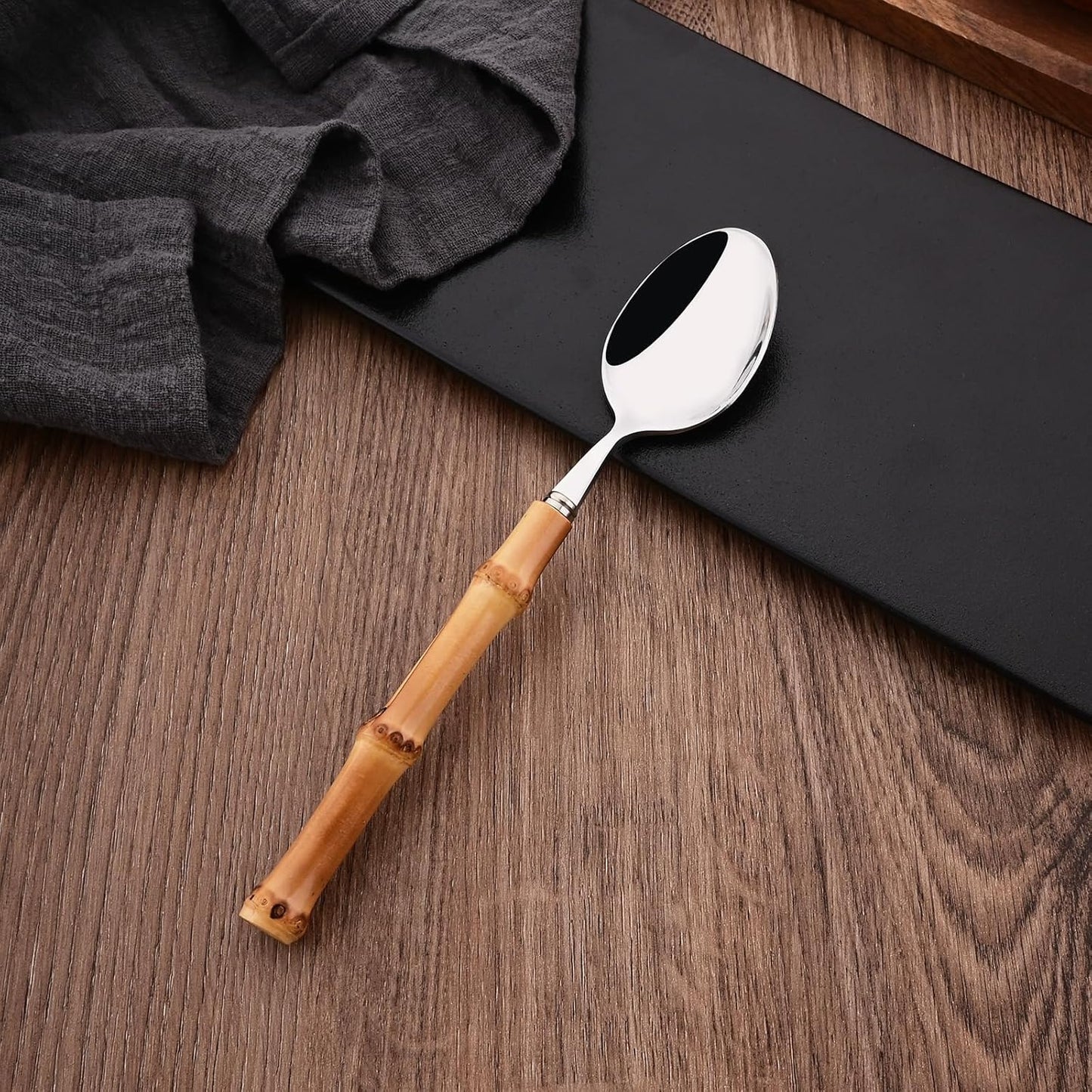 8-Piece Bamboo Handle Dinner Spoon Set, Stainless Steel Spoons for Kitchen Home and Restaurant, Mirror Polished, 8.03 inch