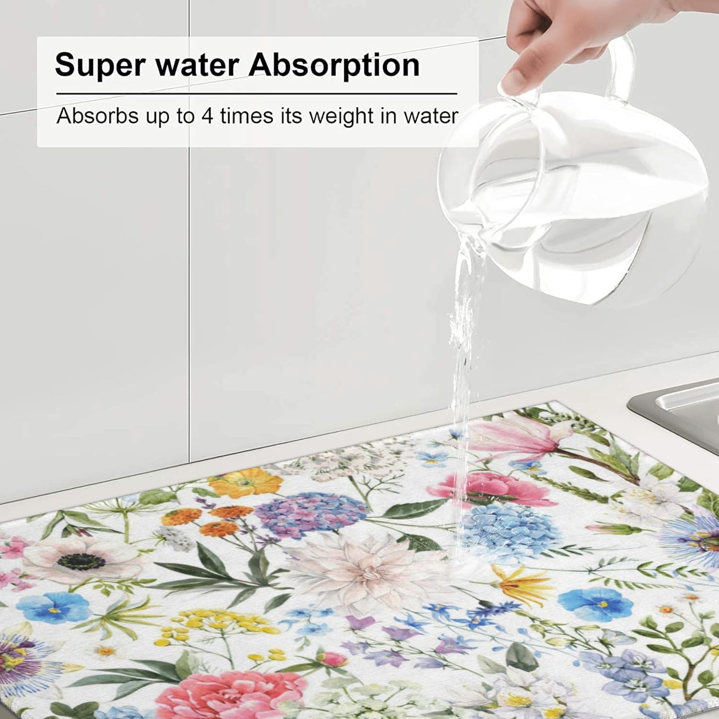 Colorful Flowers Dish Drying Mat for Kitchen Counter, 18"x24" Microfiber Absorbent Fast Dry Mat, 2Pcs Dish Mat Faucet Mats Sets, Large Drying Kitchen Mat Kitchen Drying Pad Coffee Bar Decor Gifts