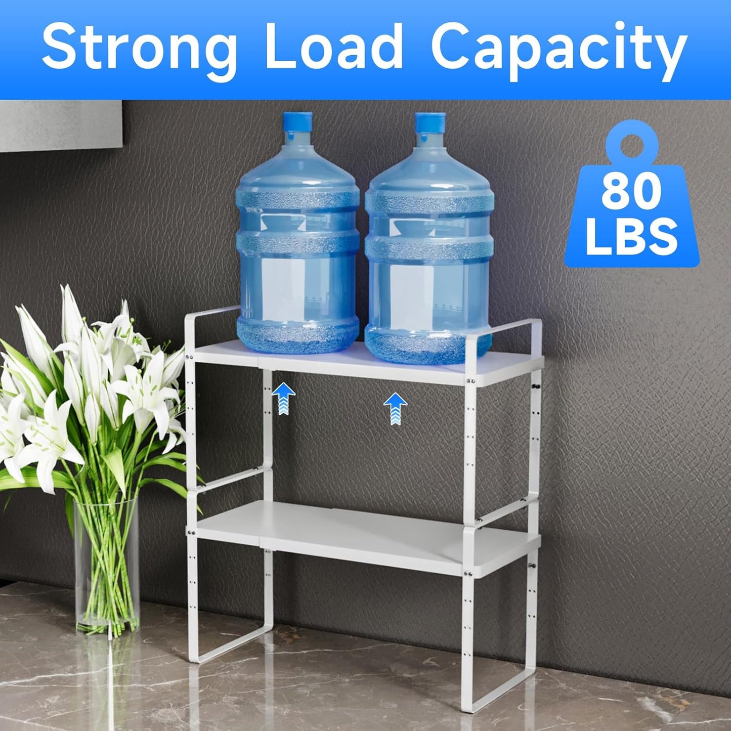 Expandable Cabinet Shelf Organizer, Stackable Kitchen Pantry Counter Storage, Adjustable Closet Cupboard Stand Rack Risers Spice Organization, 80LBS Heavy Duty, White 3 Pack