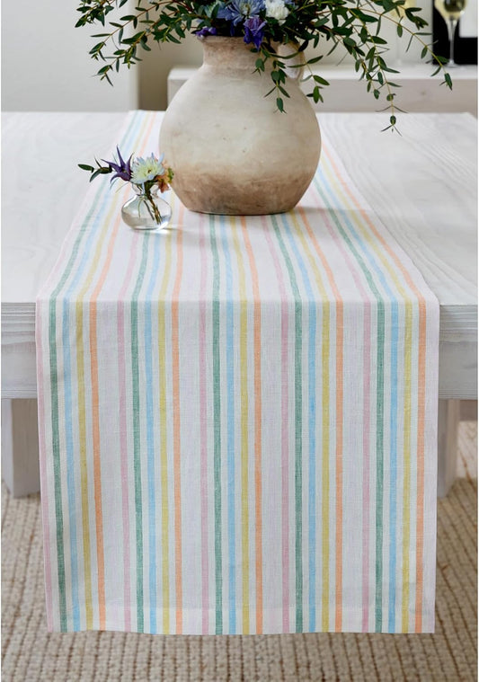 Solino Home Linen Table Runner 156 Inches Long - Julia, 100% Pure Linen Multicolor Muted Pastel Stripe Farmhouse Table Runner 14 x 156 Inch for Dining