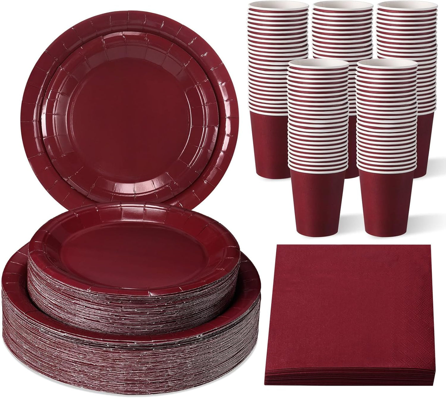 Tioncy 200 Pcs Disposable Paper Plates Cups and Napkins Party Supplies Serve 50 Guests Disposable Paper Dinnerware Set for Halloween Birthday Wedding Baby Shower Family Picnic(Burgundy)