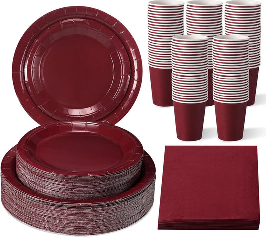 Tioncy 200 Pcs Disposable Paper Plates Cups and Napkins Party Supplies Serve 50 Guests Disposable Paper Dinnerware Set for Halloween Birthday Wedding Baby Shower Family Picnic(Burgundy)