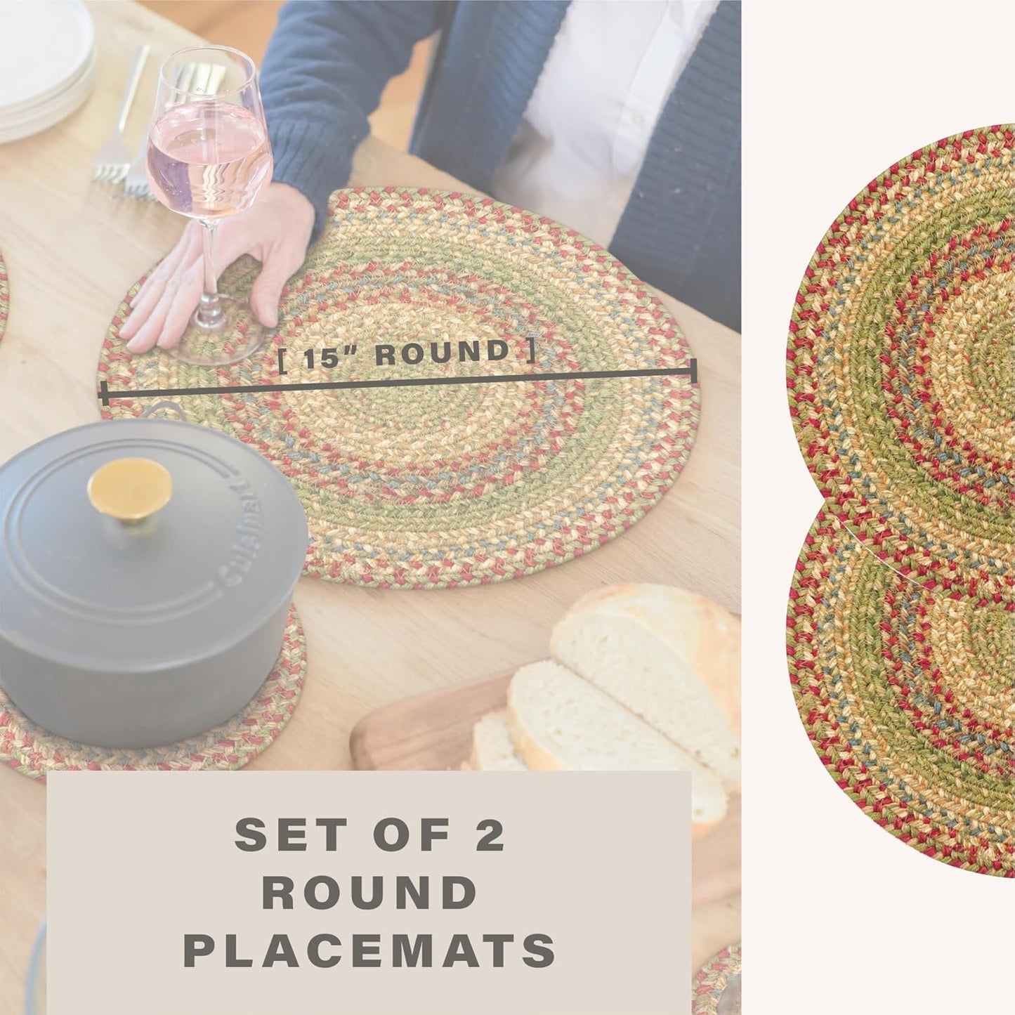 Azalea Round Braided Placemats, Warm Country Primitive Decor, Set of 2, 15" Multicolor Jute Table Mats - Vibrant Colors, Durable, Easy to Clean and Protects Furniture
