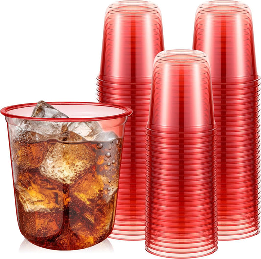 50pcs Disposable Stemless Glasses 12oz Crystal Plastic Wine Glasses Clear Classic Pet Cup for Meeting Weddings Birthdays Cocktail Christmas Party Supplies (Red)