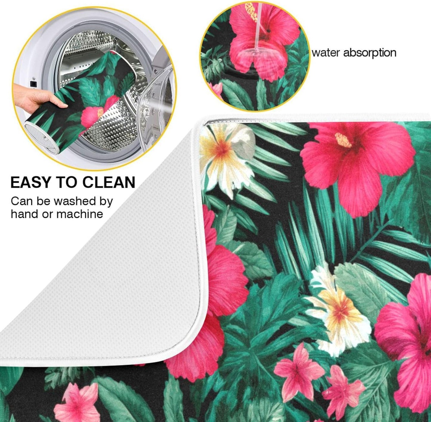 Tropical Flowers Leaves Pattern Dish Drying Mat for Kitchen Counter Super Absorbent Dishes Pad Reversible Microfiber Protector Dish Draining Mats 18x24 inch