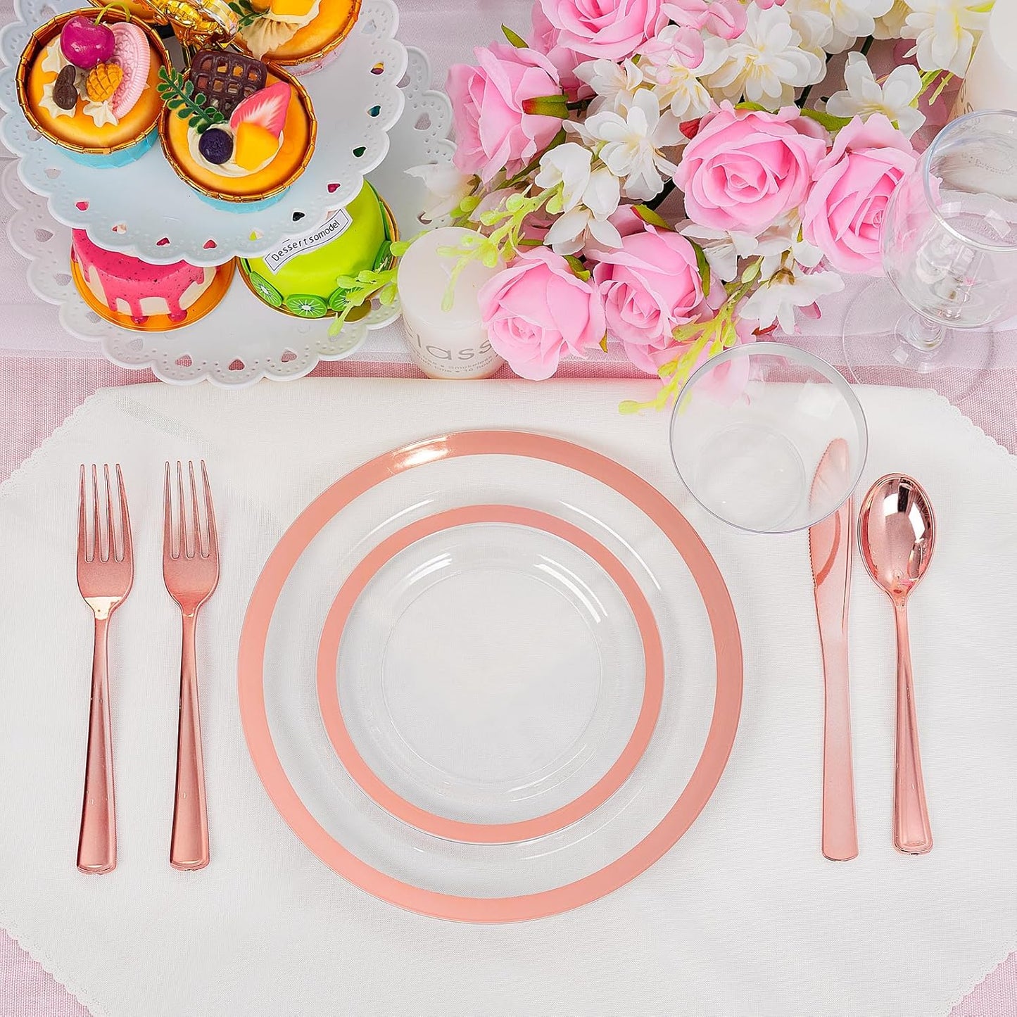 Liacere 350PCS Rose Gold Plastic Plates - Clear with Rose Gold Rim for 50Guests Dinnerware - Include 100 Plates disposable 150 PCS Silverware 50 Napkins for Wedding＆Party