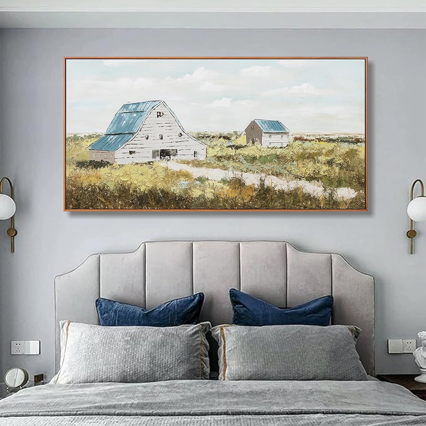 Green and White Canvas Wall Art Decor Home Decor Art Prints Natural Landscape Modern Framed Wall Decorations Artwork Field Cabin for Living Room Wall Bedroom Office Decor 24"×48"