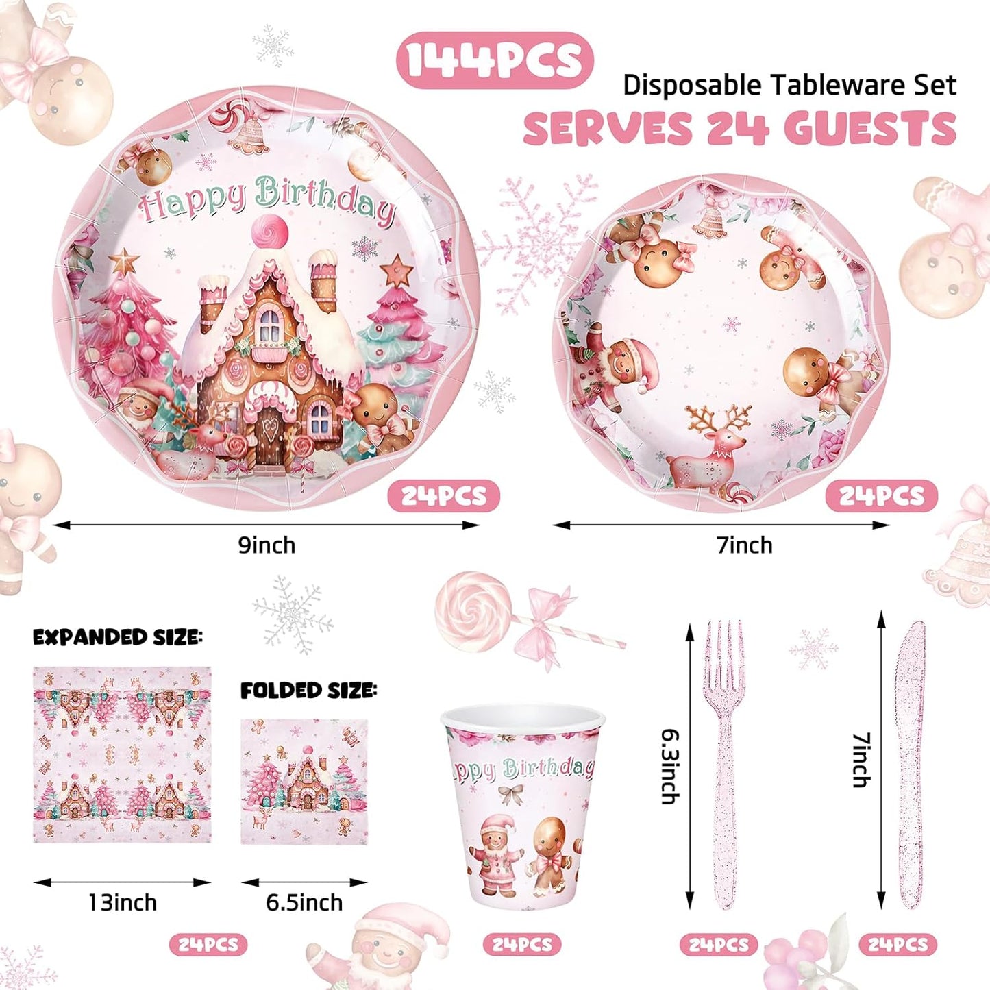 144 Pcs Pink Gingerbread Christmas Party Supplies, Disposable Dinnerware Set with Plates, Cups, Napkins for Holiday Gingerbread House Decorations, Serves 24 Guests