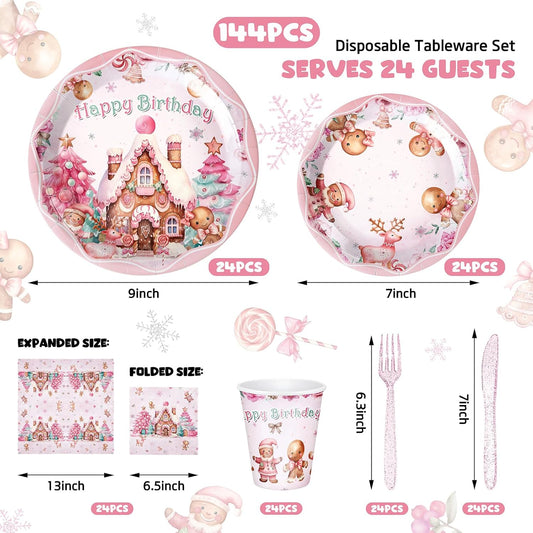 144 Pcs Pink Gingerbread Christmas Party Supplies, Disposable Dinnerware Set with Plates, Cups, Napkins for Holiday Gingerbread House Decorations, Serves 24 Guests