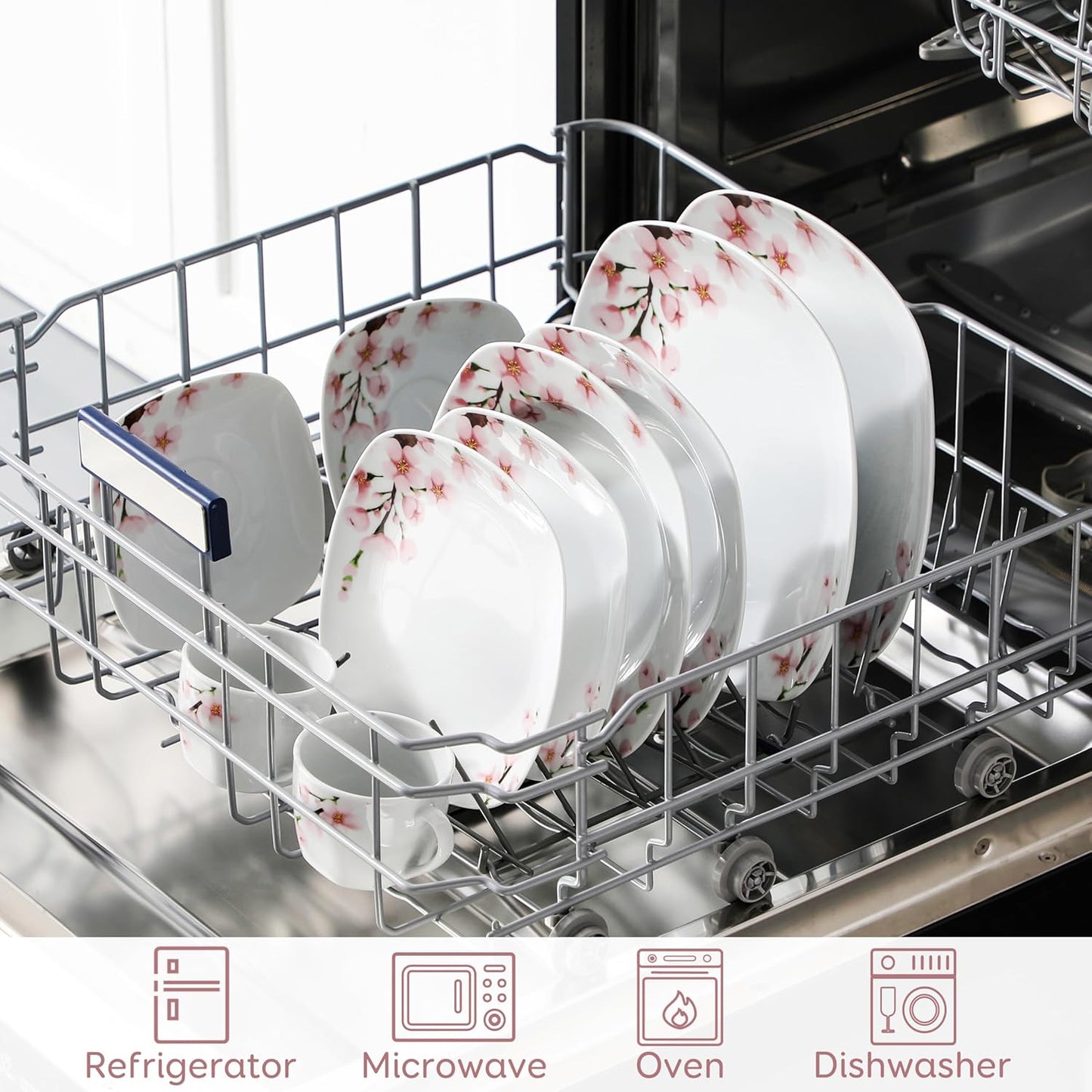 VEWEET Annie Porcelain Dinnerware for 6, 30-Piece Pink Floral Dish Set With Plates and Bowls Including Dinner, Dessert, Soup, Cups & Saucers