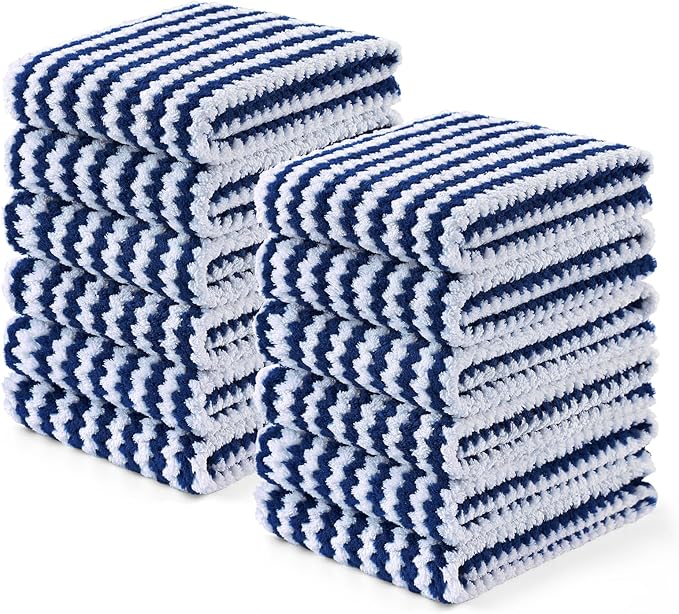 Homaxy Kitchen Towels(12 Pack, 10 x 20 inches), Ultra Soft and Absorbent Dish Towels, Reusable Fast Drying Microfiber Cleaning Cloth, Coral Velvet Wave Design No-lint, Navy Blue