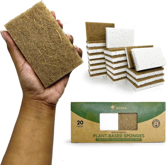 Natural Kitchen Sponges Pack of 20 - Biodegradable Cellulose and Coconut Husk Walnut Scrubbers - Odor Free Non Scratch - Eco Friendly Quick Drying Dishwashing Sponges