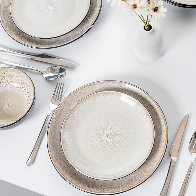 Plates and Bowls Sets for 4 - CJDC-QUELO 12-Piece Stoneware Dinnerware Sets, Ceramic Dishware Set for Kitchen Use and Formal Dining, Chip and Scratch Resistant Microwave Dishwasher Safe, Brown