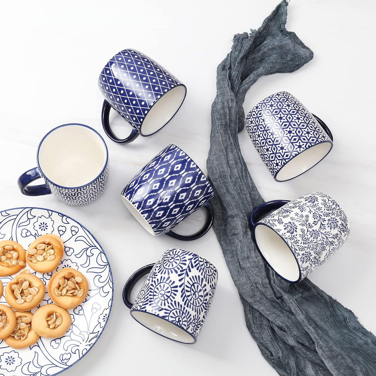 Selamica 10 oz Coffee Mugs Set of 6 with Handle, Coffee Cups Ceramic for Cappuccino Latte Cocoa Milk Tea, Dishwasher Microwave Safe, Vintage Blue