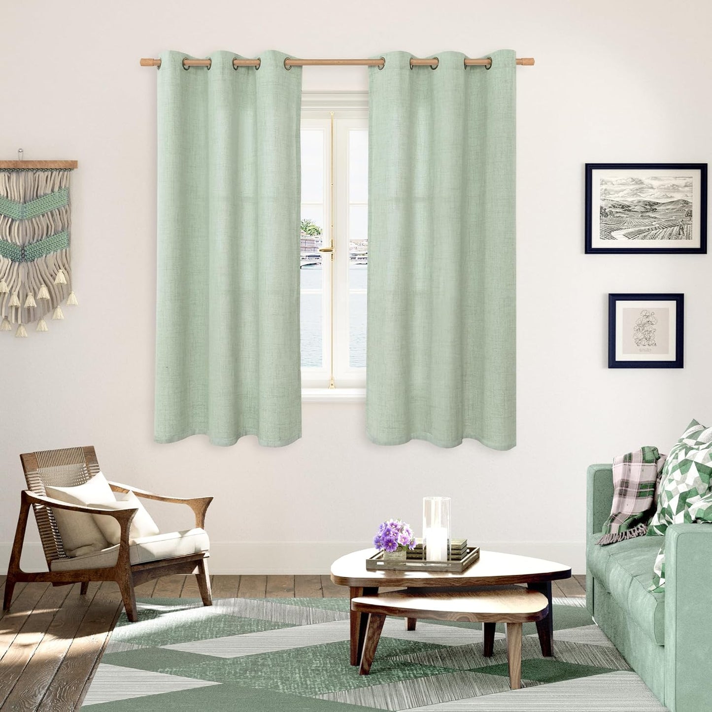 YoungsTex Sage Linen Curtains 63 Inch Length, Light Filtering Window Drapes with Bronze Grommet for Bedroom Short Window Rustic Country Spring Decorative, 42 x 63 Inch, 2 Panels