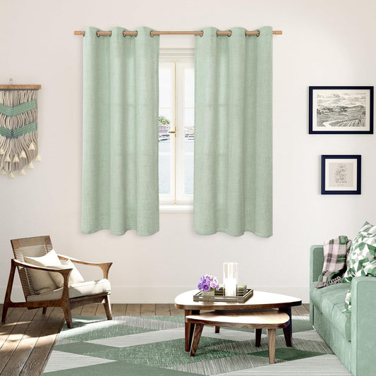 YoungsTex Sage Linen Curtains 63 Inch Length, Light Filtering Window Drapes with Bronze Grommet for Bedroom Short Window Rustic Country Spring Decorative, 42 x 63 Inch, 2 Panels