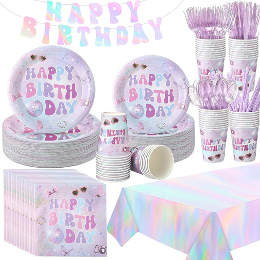 Sawysine 202 Pcs Iridescent Happy Birthday Party Supplies Disposable Dinnerware Set 50 Plates 25 Cups 25 Napkins 25 Plastic Forks 25 Knives 25 Spoons 25 Straw Flag Tablecloth to Serve 25 Guests