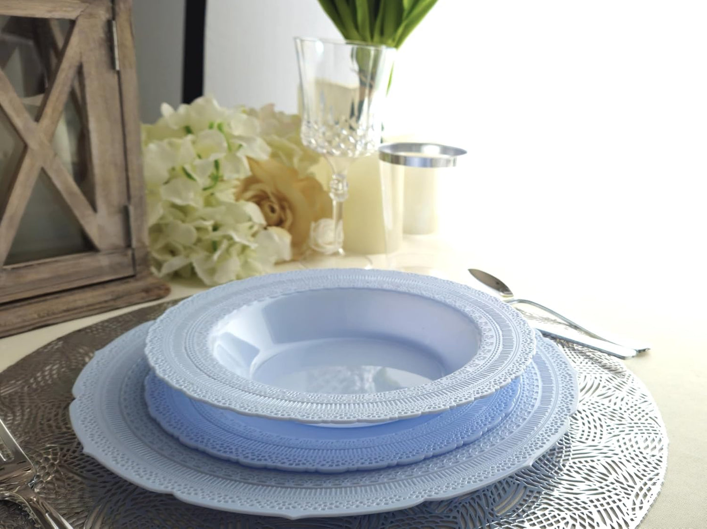 " OCCASIONS " 50 Plates Pack (25 Guests)-Extra Heavyweight Vintage Wedding Disposable/Reusable Plastic Plates -25x11'' Dinner + 25x8.25'' Salad/dessert (Chateau Collection Blue)