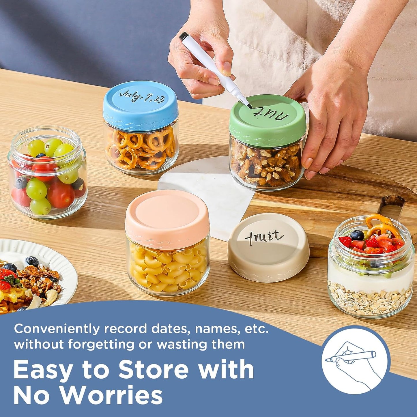 DRKIO 10 Oz Overnight Oats Containers with Lids - 4 Pack Glass Storage Jars with Airtight Lids Wide Mouth Mason Food Jars Great for Meal Prep Salad Chia Pudding Snacks Yogurt Sugar Spice Cereal