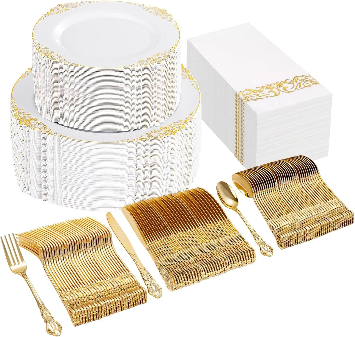 Ciaell 300PCS White and Gold Plastic Plates - Gold Disposable Dinnerware Sets for 50 Guests - 100 Plates, 50 Knives, 50 Forks, 50 Spoons, and 50 Napkins for Wedding, Anniversary, Party & Thanksgiving
