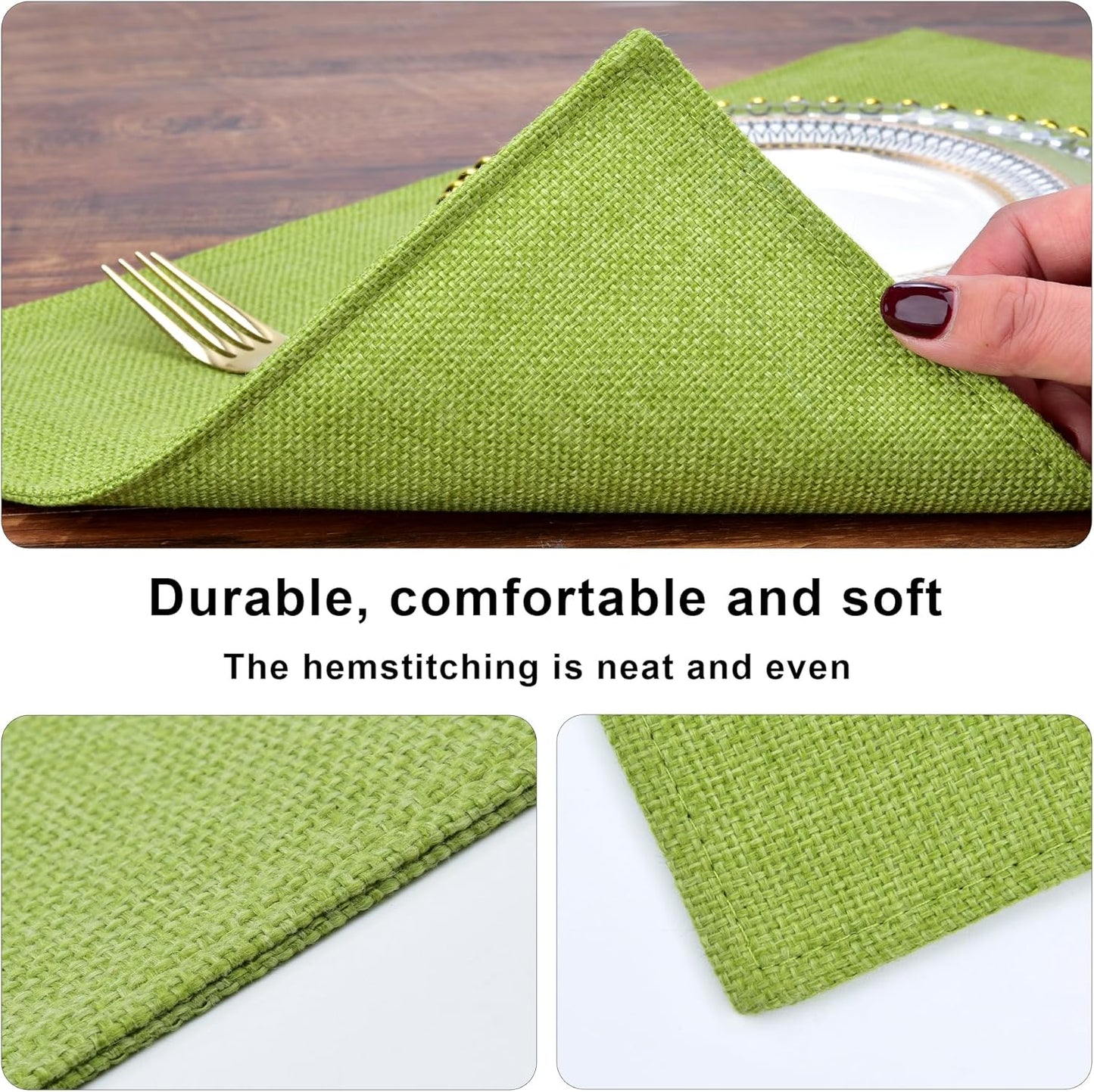SLKQG Green Linen-Look Placemats Set of 6, Heat Resistant & Machine Washable Double-Layered Cloth Placemats for Dining Table, Indoor/Outdoor Use, Non-Slip Kitchen Table Mats (6, Grass Green)