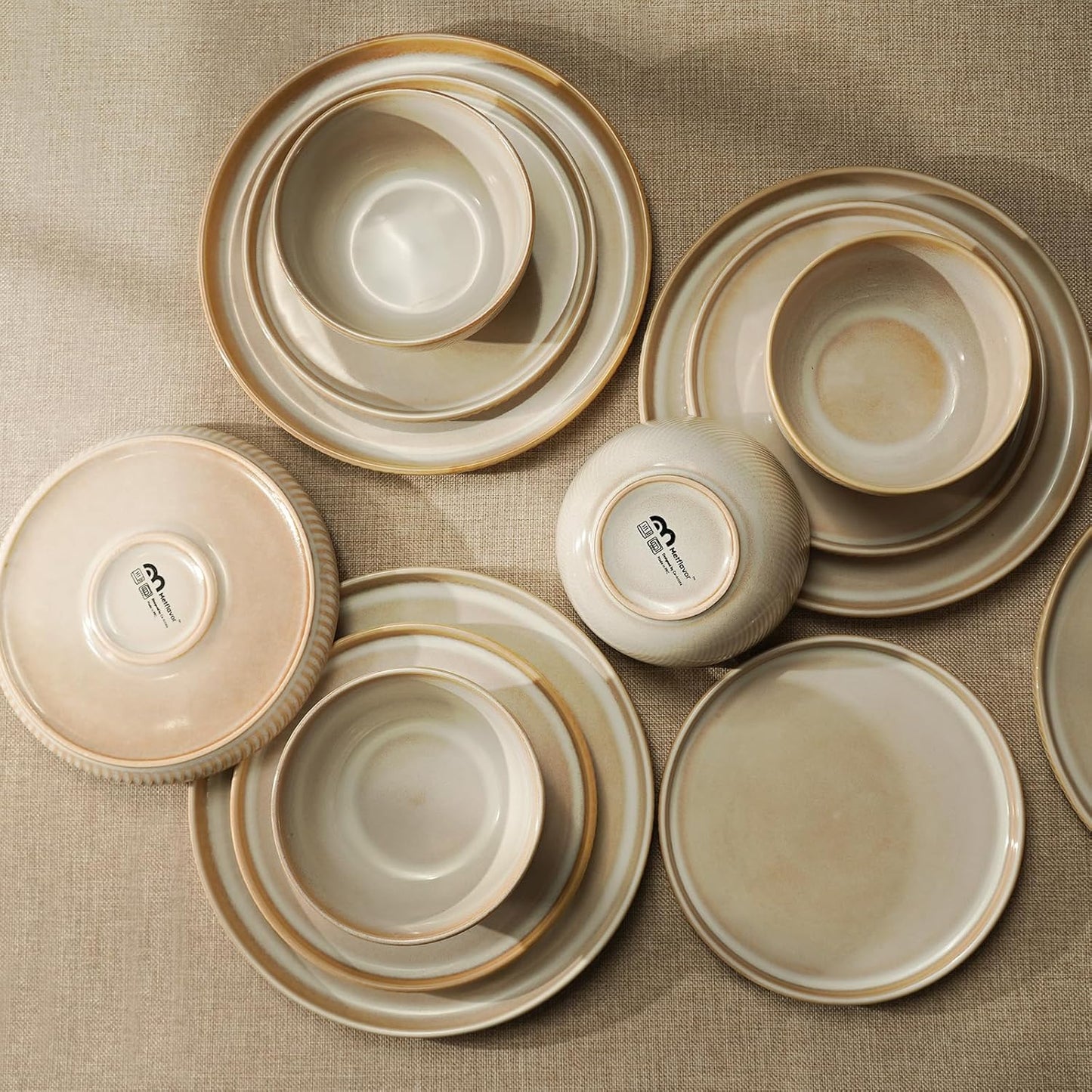 Earthsong Dinnerware Sets for 8, 24-Piece Ceramic Plates and Bowls Set, Dishwasher and Microwave Safe Stoneware Dishes Set, Ribbed, Sculpted Dune