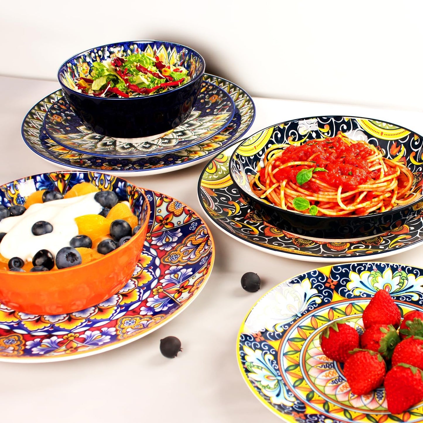 Mandala Dinnerware Sets, Plates and Bowls Set, Porcelain Dishes (16 Pieces) Service for 4, Zanzibar, Bohemian Style Dining Ware, for Kitchen and Dining Multicolor Dinnerware Set