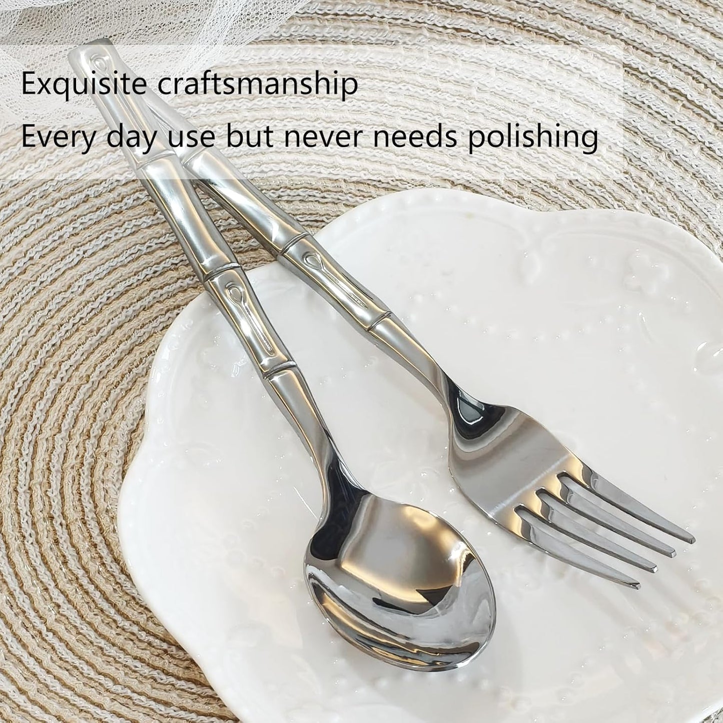 Bamboo 20-Piece Silverware Set, Stainless Steel Flatware Set, Cutlery Set Mirror Polished, Dishwasher Safe, Service for 4