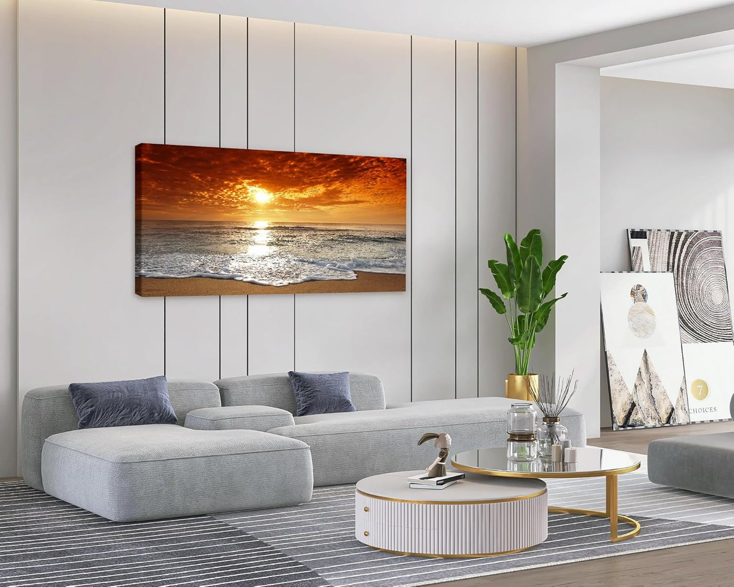Muolunna S04698 Canvas Prints Wall Art Sunset Ocean Beach Pictures Paintings for Living Room Bedroom Home Decorations Framed Ready to Hang Seascape Waves Artwork