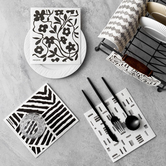 RECYCO Swedish Dishcloths for Kitchen | 5 Pack Black & White Geo Washable Dish Rags | Cellulose Reusable Cleaning Paper Towels | Absorbent Counter Dish Cloth Sponge Kitchen Wipes, 8" L x 7" W