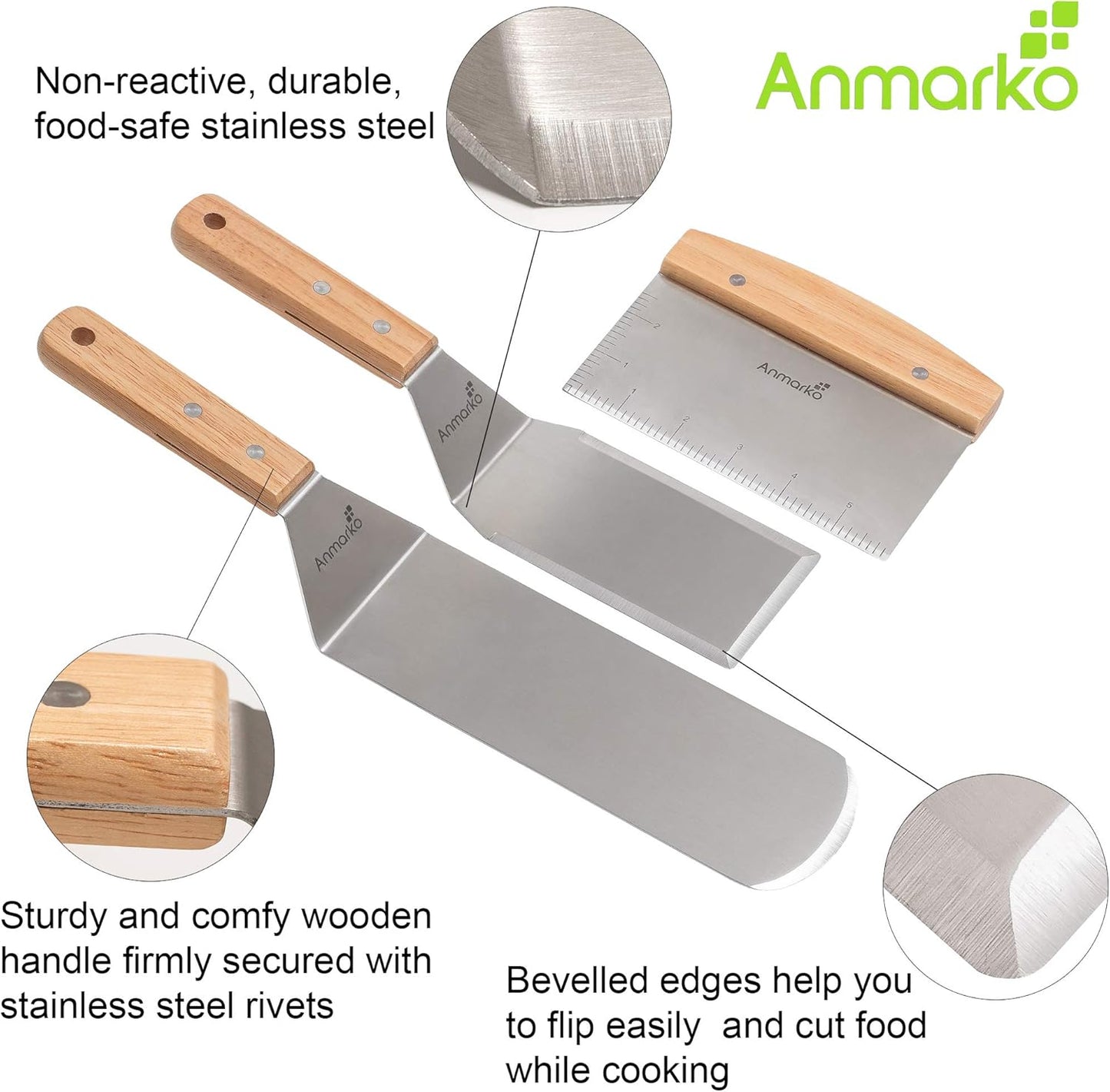 Anmarko Professional Griddle Spatula Set - Stainless Steel Metal Spatula and Griddle Scraper - Heavy Duty Commercial Grade