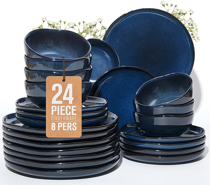 24 Piece Ceramic Dinnerware Sets for 8, Starry Blue Reactive Glaze | Unique Coastal Edge for Holiday Gatherings, Thanksgiving, Dinner Parties | Microwave & Dishwasher Safe Stoneware Dish Set
