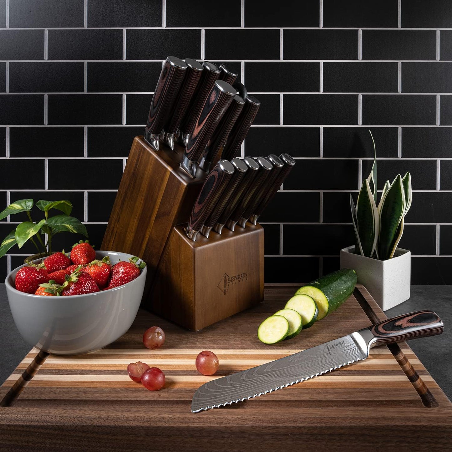 SENKEN 16-Piece Natural Acacia Wood Kitchen Knife Block Set - Japanese Chef's Knife Set with Laser Damascus Pattern, Includes Steak Knives, Kitchen Shears, Santoku, Cleaver & More (Wooden Handles)