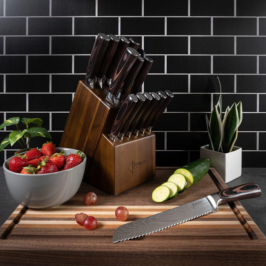 SENKEN 16-Piece Natural Acacia Wood Kitchen Knife Block Set - Japanese Chef's Knife Set with Laser Damascus Pattern, Includes Steak Knives, Kitchen Shears, Santoku, Cleaver & More (Wooden Handles)