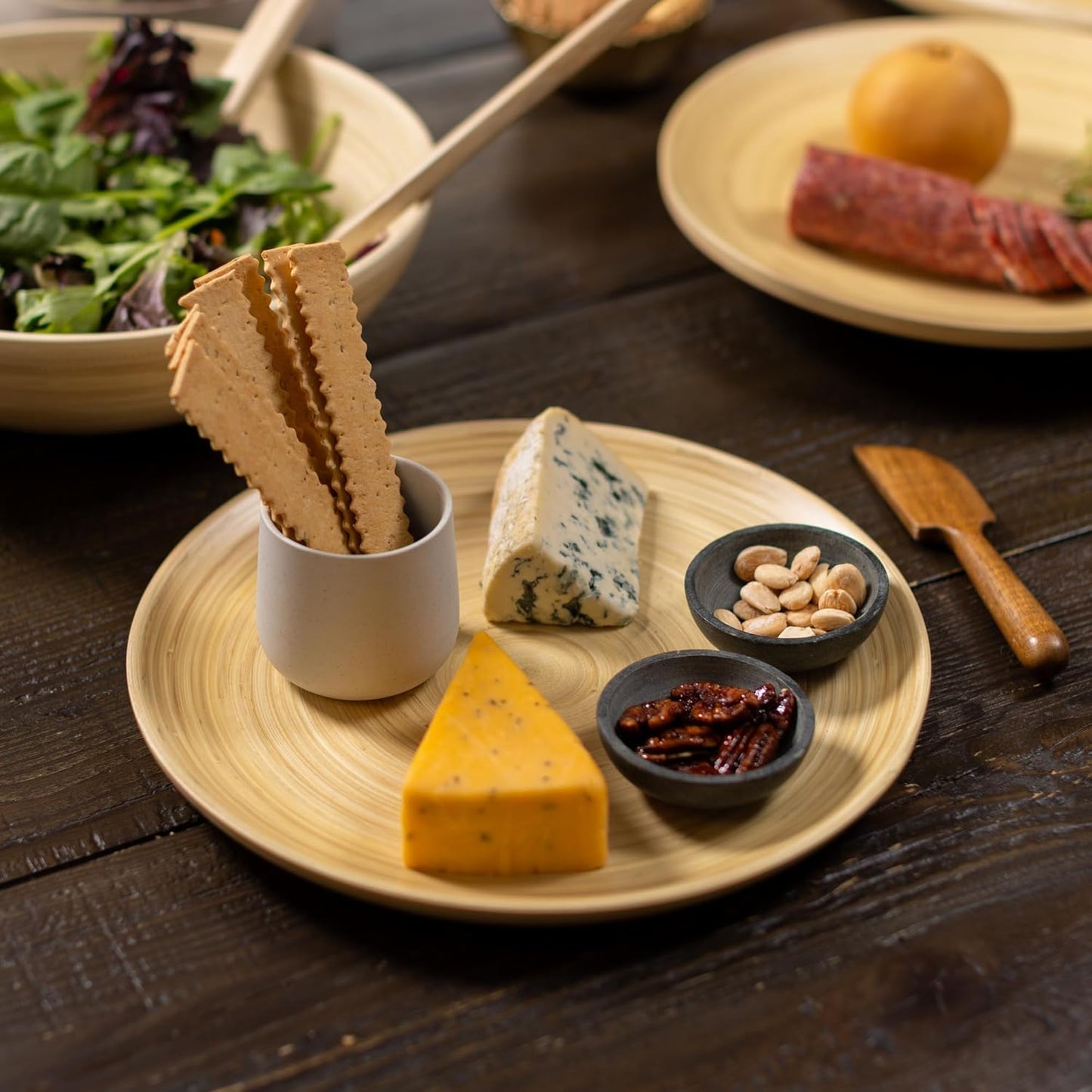 LEXA 12" Handcrafted 2PCs Bamboo Round Wooden Serving Tray For Serving Food - Small Wooden Tray For Ottoman Coffee Table Tray - Charcuterie Wood Trays Home Decor - Decorative Tray For Kitchen Counter